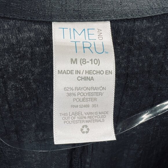 Time And Tru Womens Top Medium 8/10 Black Wrap Shirt 3/4 Sleeve Tie Waist Blouse - Picture 4 of 8